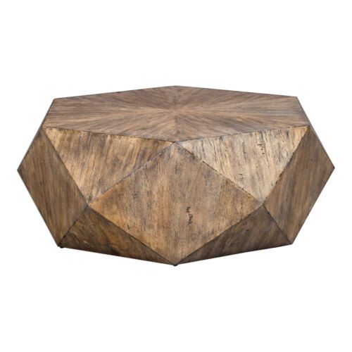 Faceted Large Round Light Wood Coffee Table Modern Geometric Block Solid |  Ebay In Geometric Block Solid Coffee Tables (View 1 of 15)
