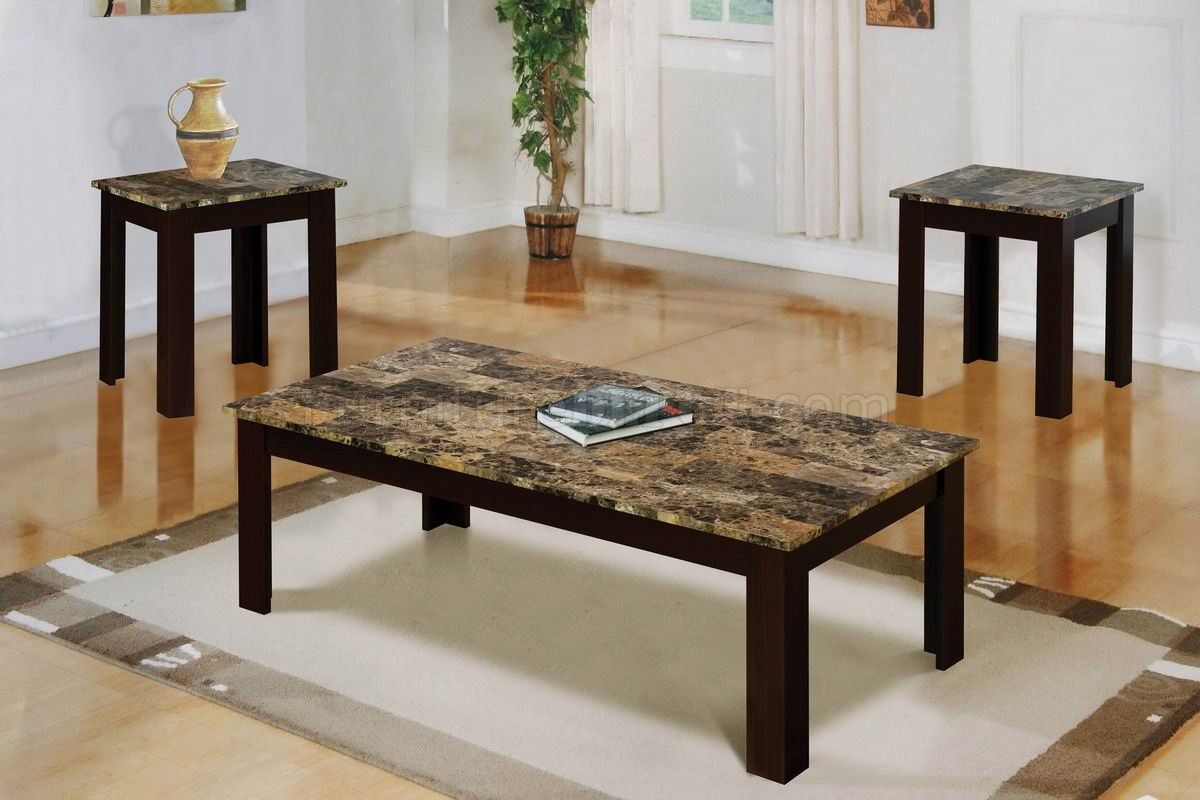 Faux Marble Top Modern 3pc Coffee Table Set W/brown Wood Base Throughout Faux Marble Top Coffee Tables (View 1 of 15)