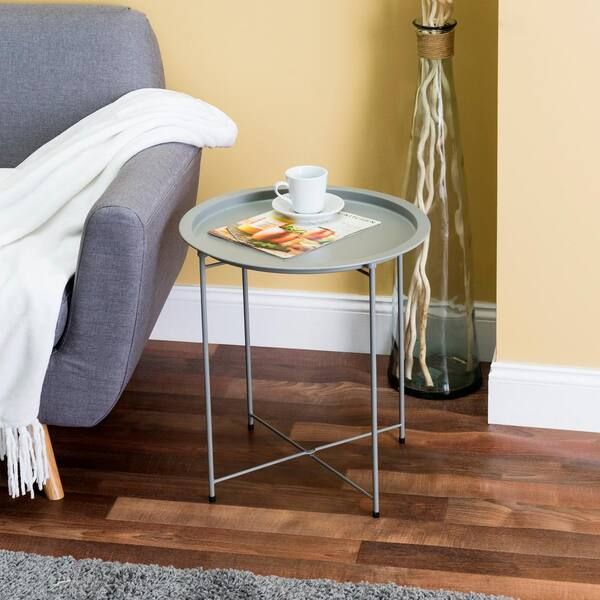 Foldable Round Multi Purpose Matte Grey Side Accent Metal Table Hdc65337 –  The Home Depot Within Folding Accent Coffee Tables (View 8 of 15)