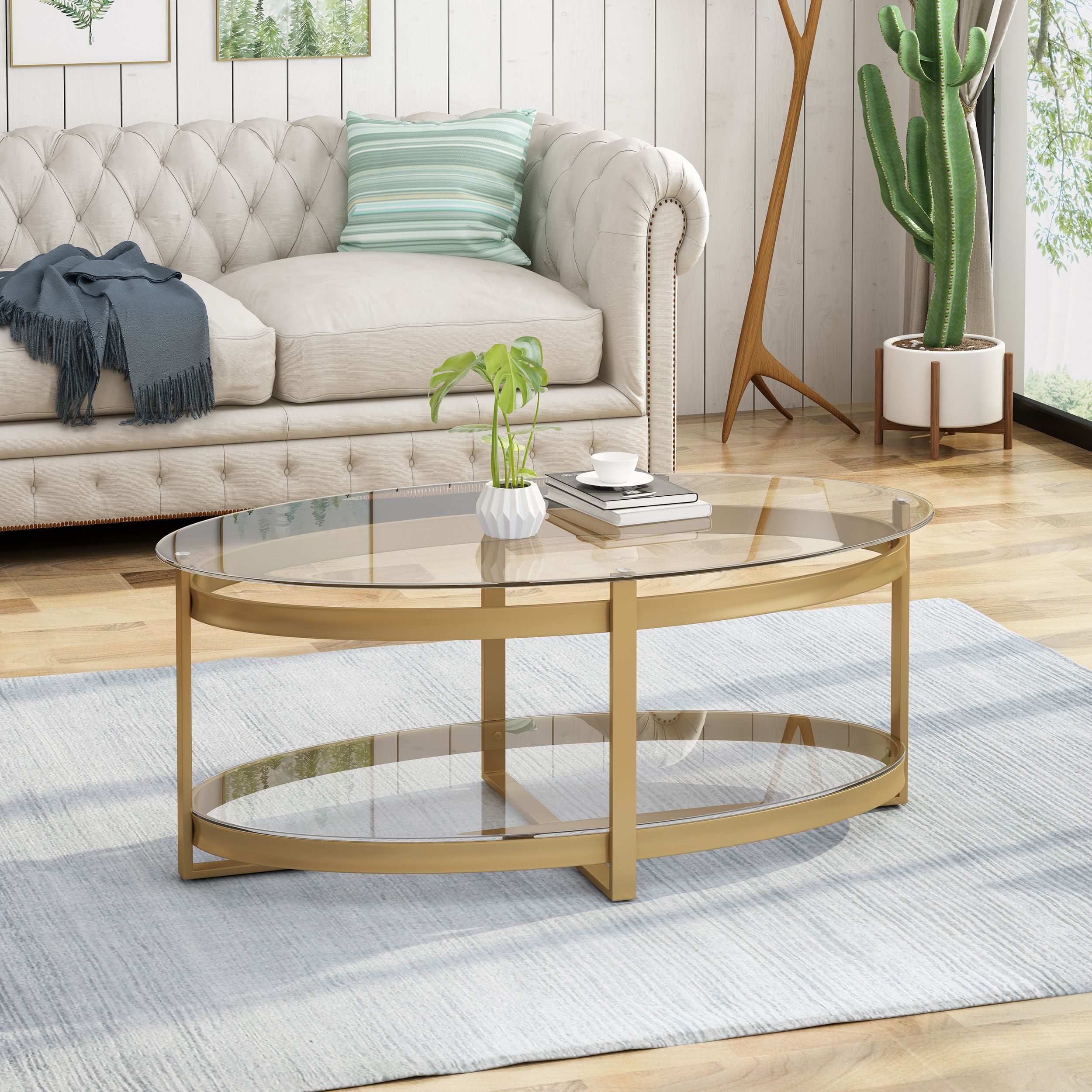Gdf Studio Bell Modern Glam Tempered Glass Oval Coffee Table, Brass –  Walmart Intended For Glass Oval Coffee Tables (View 15 of 15)