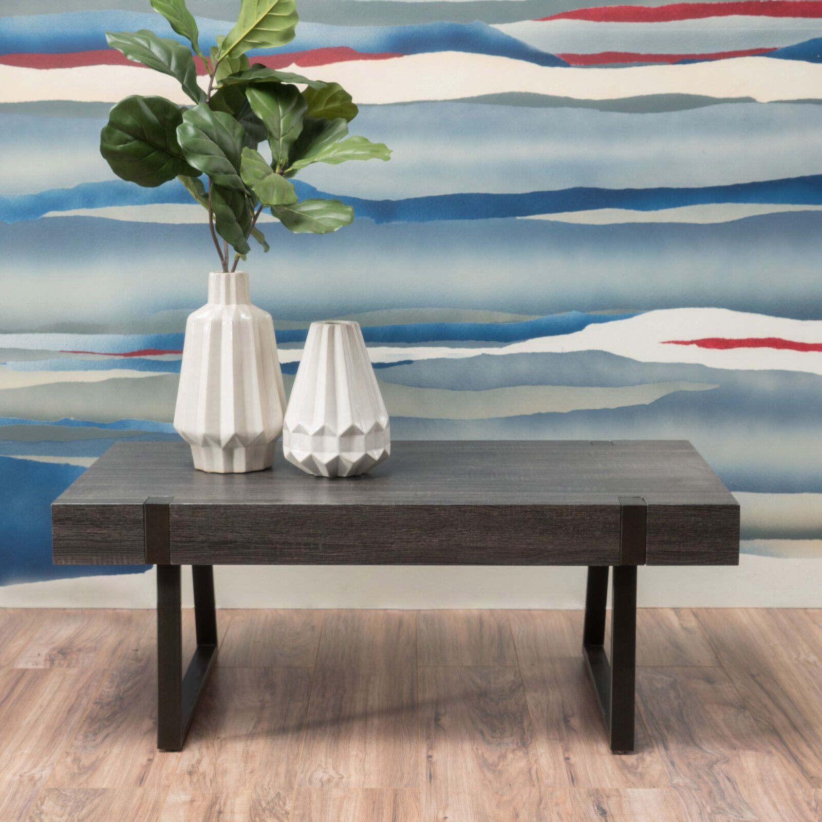 Genwa Modern Industrial Rectangular Faux Wood Coffee Table With Metal Legs  | Ebay With Regard To Industrial Faux Wood Coffee Tables (View 8 of 15)