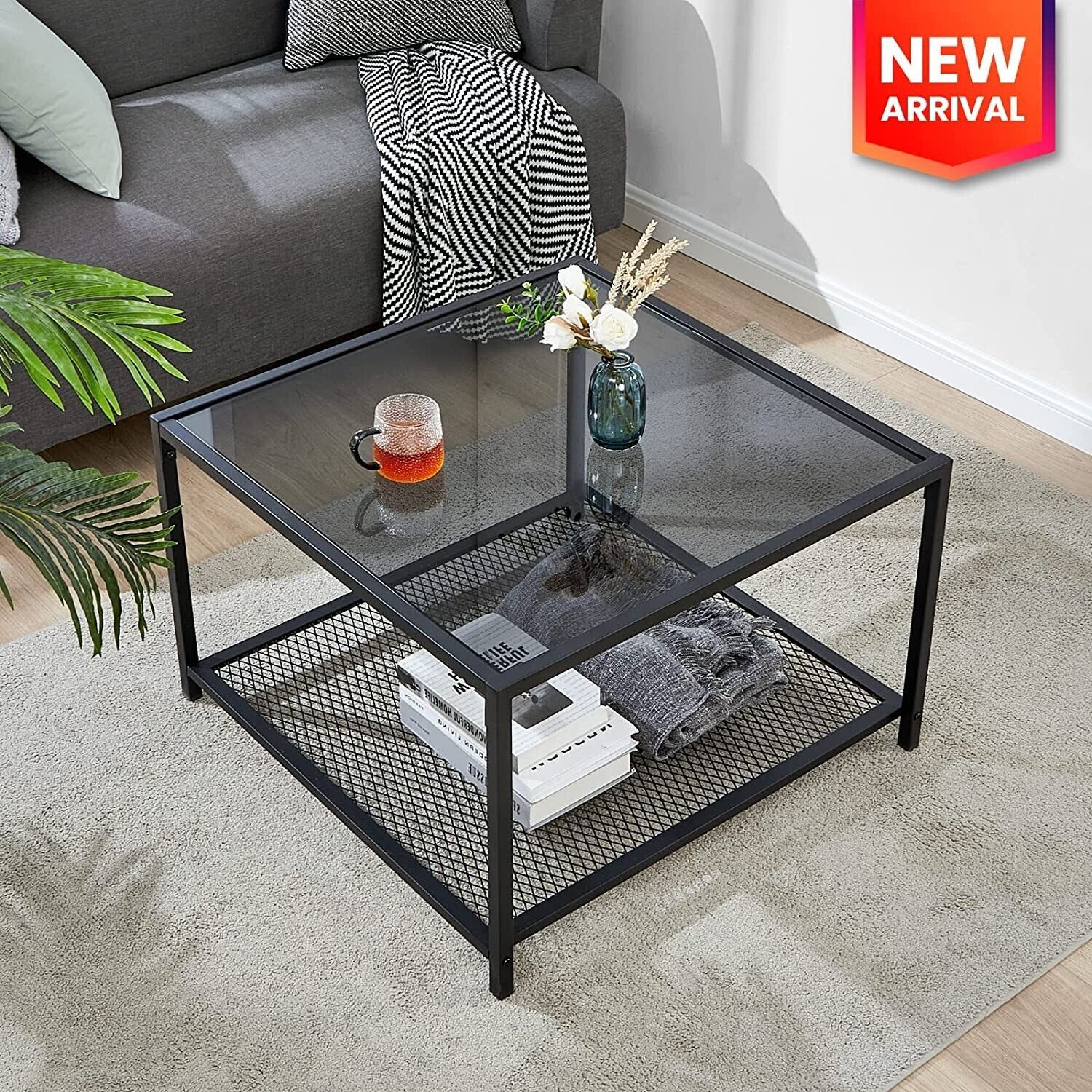 Glass Coffee Table Coffee Table With Storage Shelf Modern Industrial 2 Tier  New | Ebay Regarding Glass Coffee Tables With Storage Shelf (View 13 of 15)