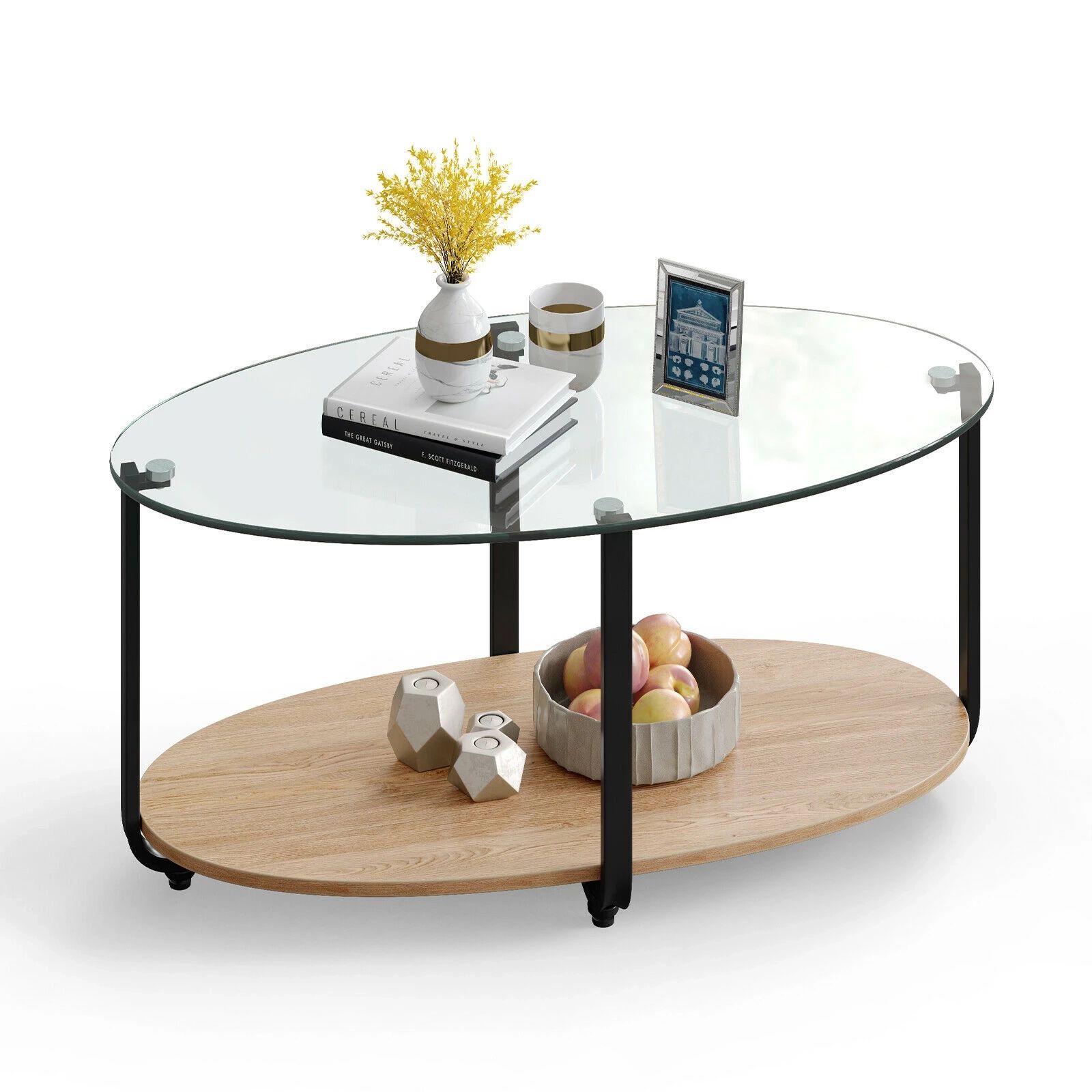 Glass Top Coffee Table 2 Tier Modern Oval Side Sofa Table W/ Storage Shelf  Jv10022 – Coffee Tables – Aliexpress With Glass Coffee Tables With Storage Shelf (View 14 of 15)