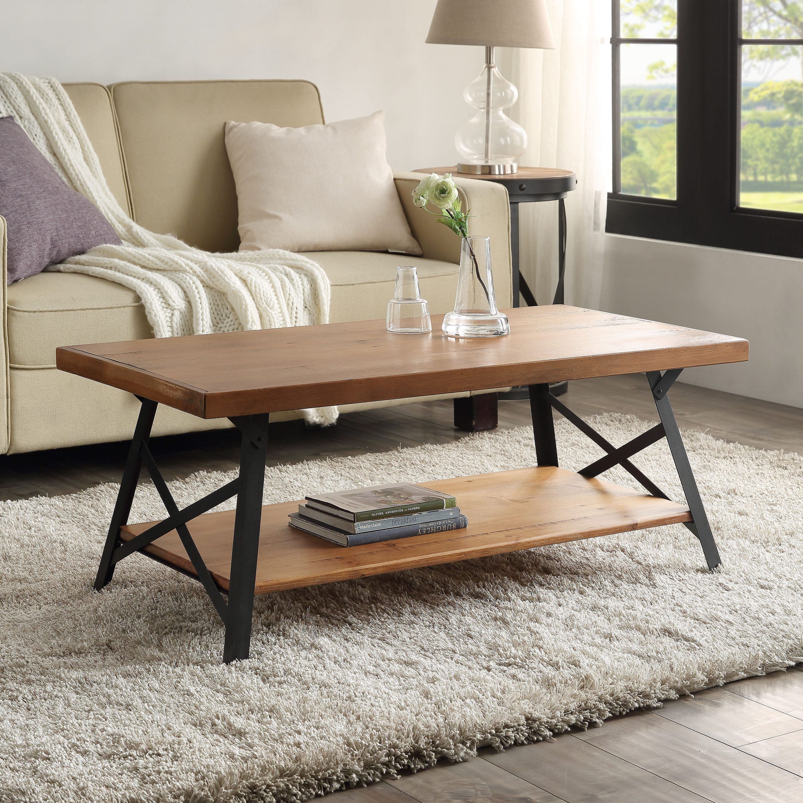 Gracie Oaks 43'' Metal Legs Rustic Coffee Table, Solid Wood Tabletop |  Wayfair With Iron Legs Coffee Tables (View 6 of 15)