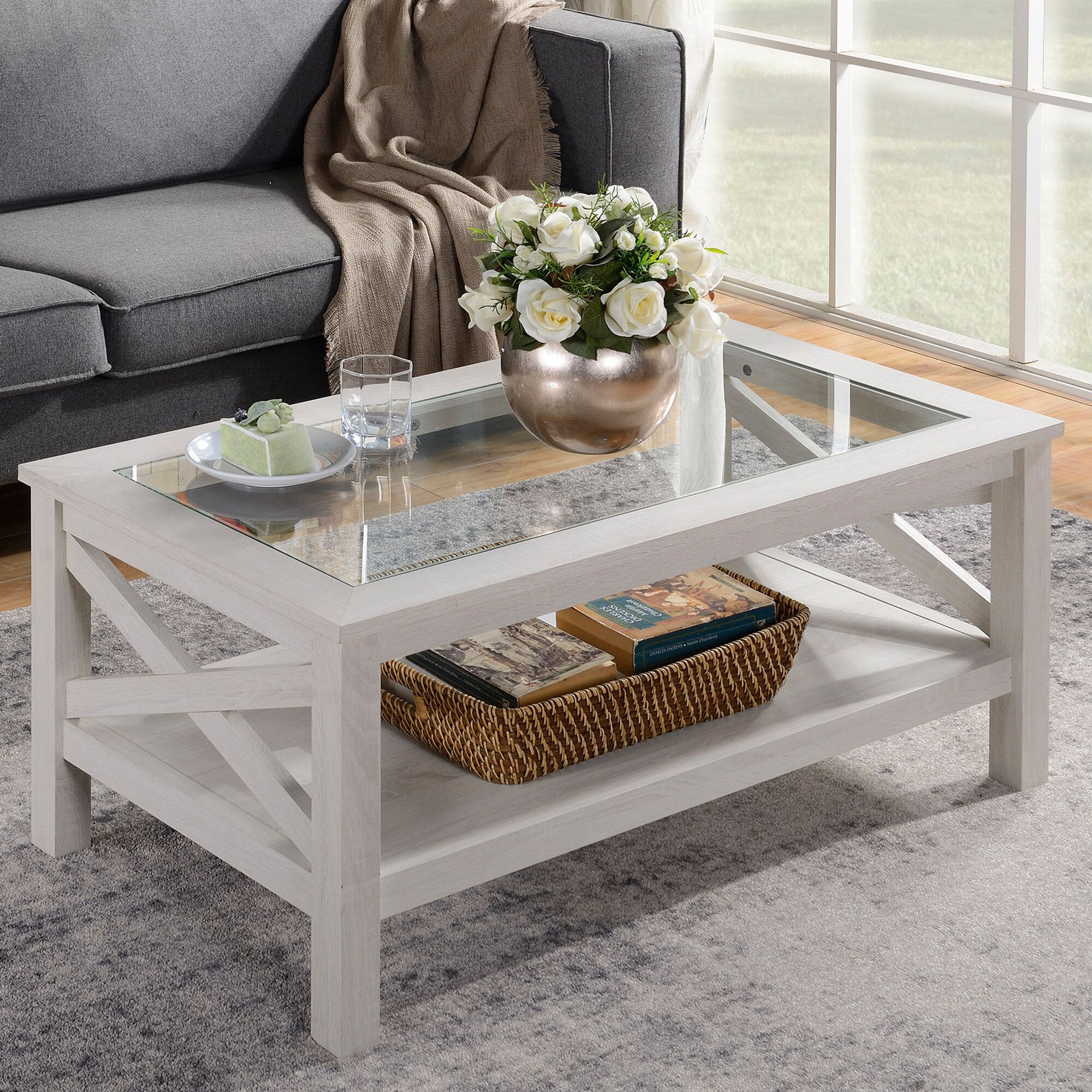 Gracie Oaks Espinet Traditional Coffee Table With Wood Frame, Tempered Glass  Tabletop And Underneath Storage Shelf, White Oak & Reviews | Wayfair Intended For Glass Tabletop Coffee Tables (View 1 of 15)