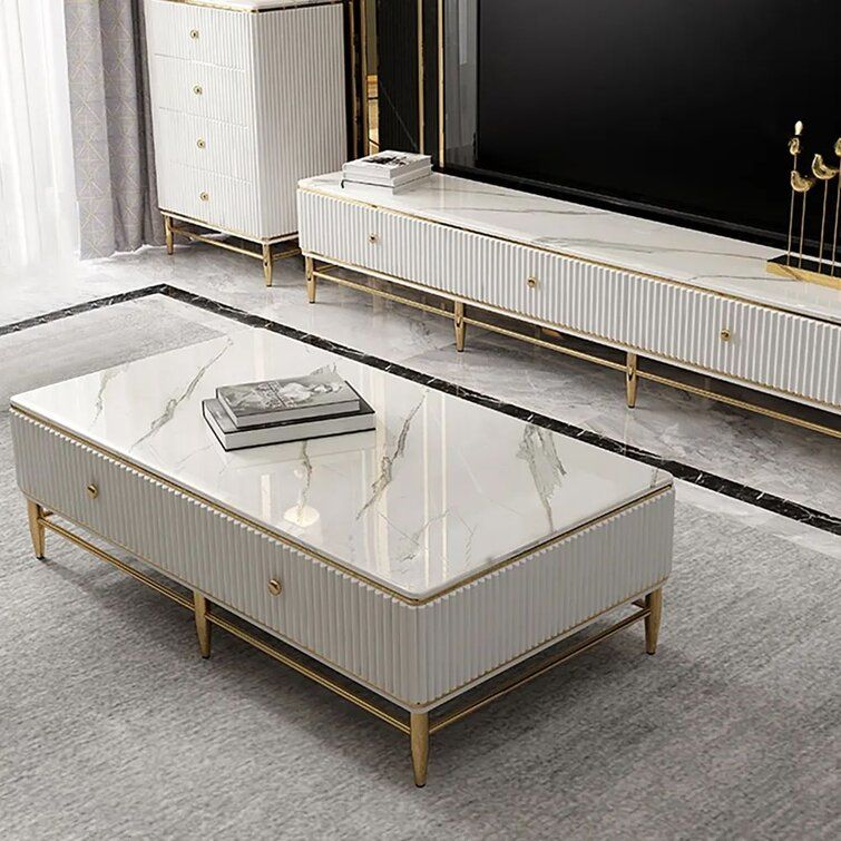 Homary White Faux Marble Rectangle Coffee Table In Gold With Storage 4  Drawers  (View 2 of 15)