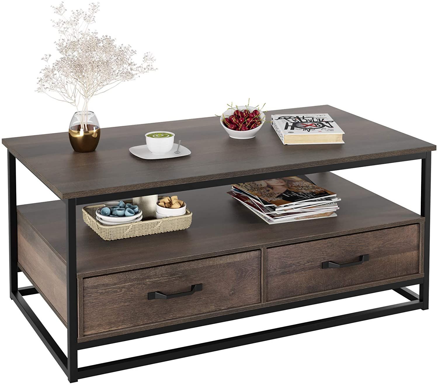 Homfa Coffee Table For Living Room, 43"" Wooden Cocktail Table With Storage  Shelf And 2 Drawers, Rustic Center Table For Home Office, Dark Brown –  Walmart Inside 2 Drawer Coffee Tables (View 14 of 15)