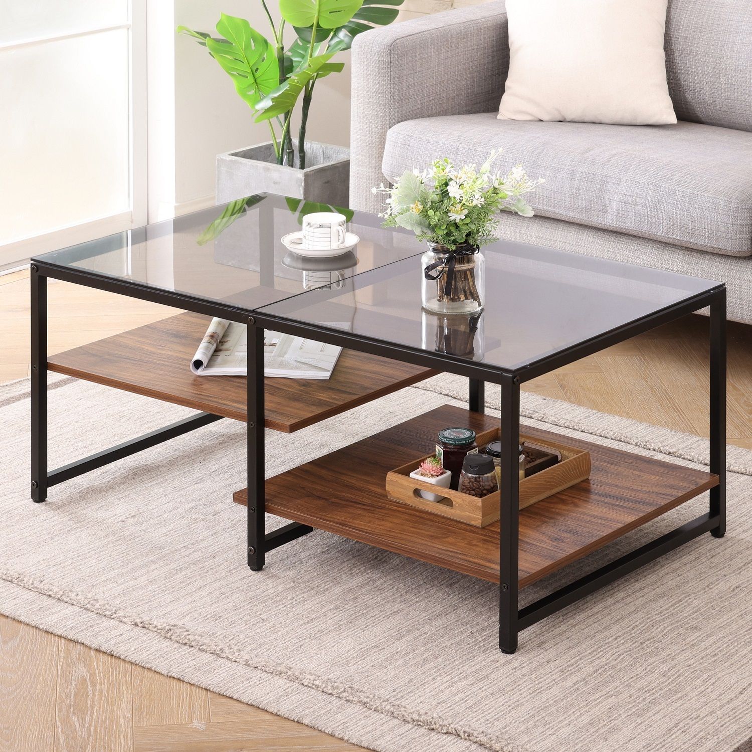 Homooi Glass Coffee Tables With Storage Shelves For Living Room, Retangle,   (View 4 of 15)