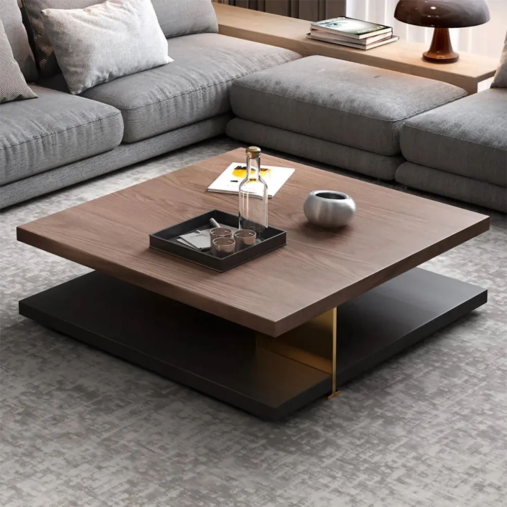 Industrial Black & Walnut Square Pedestal Coffee Table Solid Wood Accent  Table Homary Within Black Accent Coffee Tables (View 11 of 15)