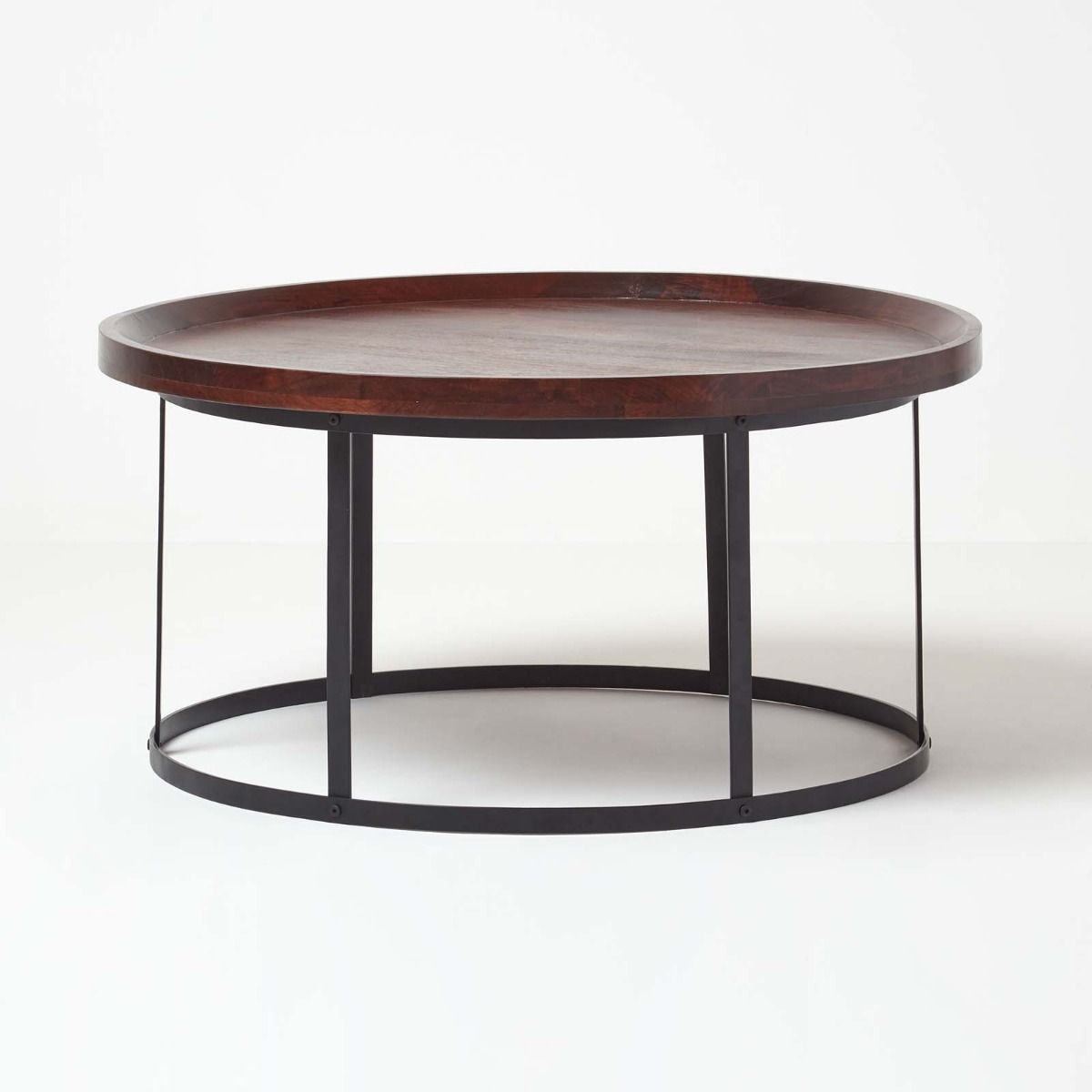 Industrial Round Coffee Table With Dark Wood Top And Steel Frame Intended For Round Industrial Coffee Tables (View 6 of 15)