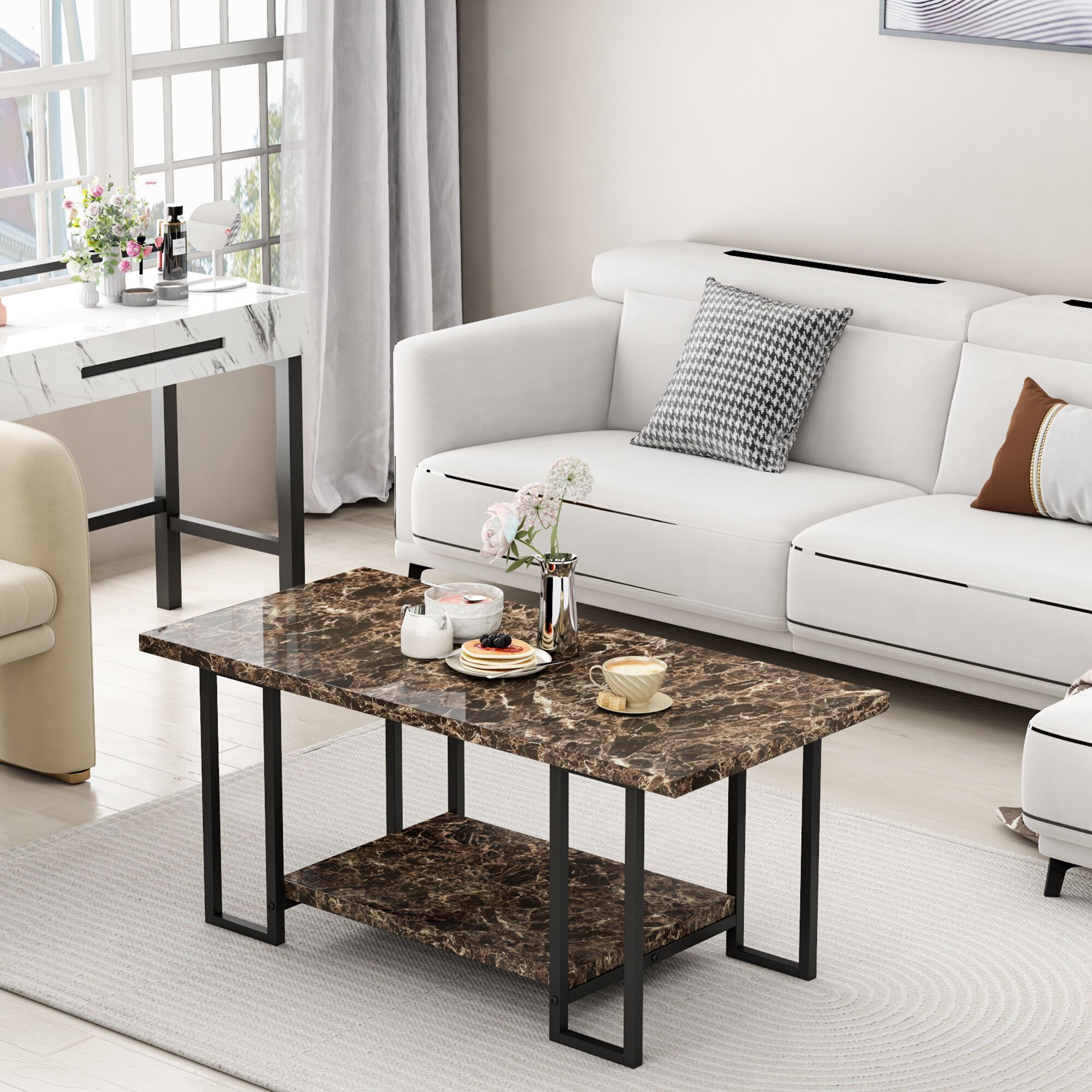 Latitude Run® 39'' Wide 2 Tier Faux Marble Top Coffee Table With Steel  Frame & Reviews | Wayfair Pertaining To Faux Marble Top Coffee Tables (View 7 of 15)