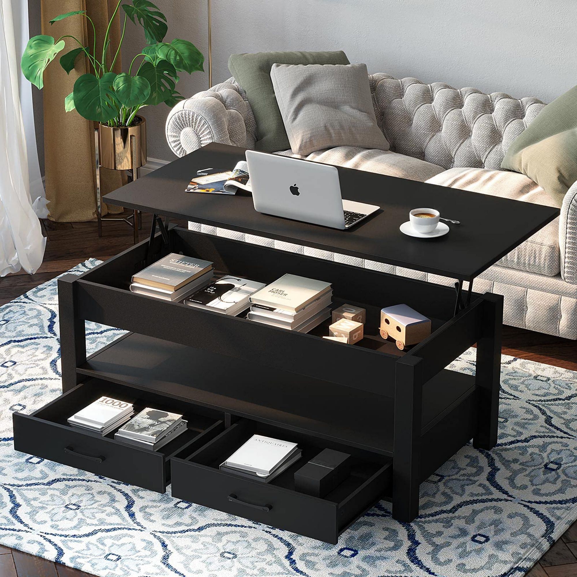 Latitude Run® Coffee Table, Lift Top Coffee Table With Drawers And Hidden  Compartment, Retro Central Table With Wooden Lift Tabletop, For Living  Room, Black | Wayfair In Coffee Tables With Compartment (View 15 of 15)