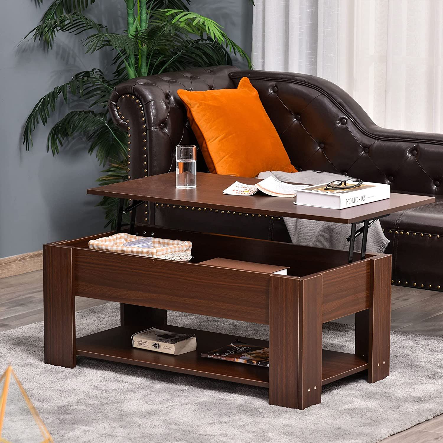 Lift Top Coffee Table With Hidden Storage Compartment And Open Shelf, Pop  Up Coffee Table For Living Room, Brown – Walmart Inside Open Shelf Coffee Tables (View 7 of 15)