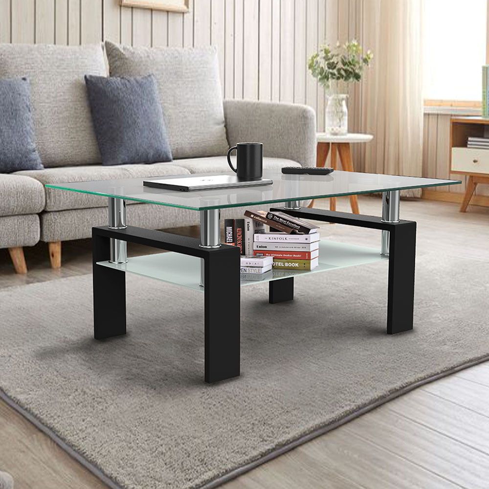 Living Room Glass Coffee Table, Sturdy Modern Side Coffee Table With Storage  Shelf, Metal Legs, Rectangle Sofa Side Tables Cocktail Space Saving  Organizer With 2 Tier Tempered Glass Boards, Q14323 – Walmart Regarding Glass Coffee Tables With Storage Shelf (View 7 of 15)