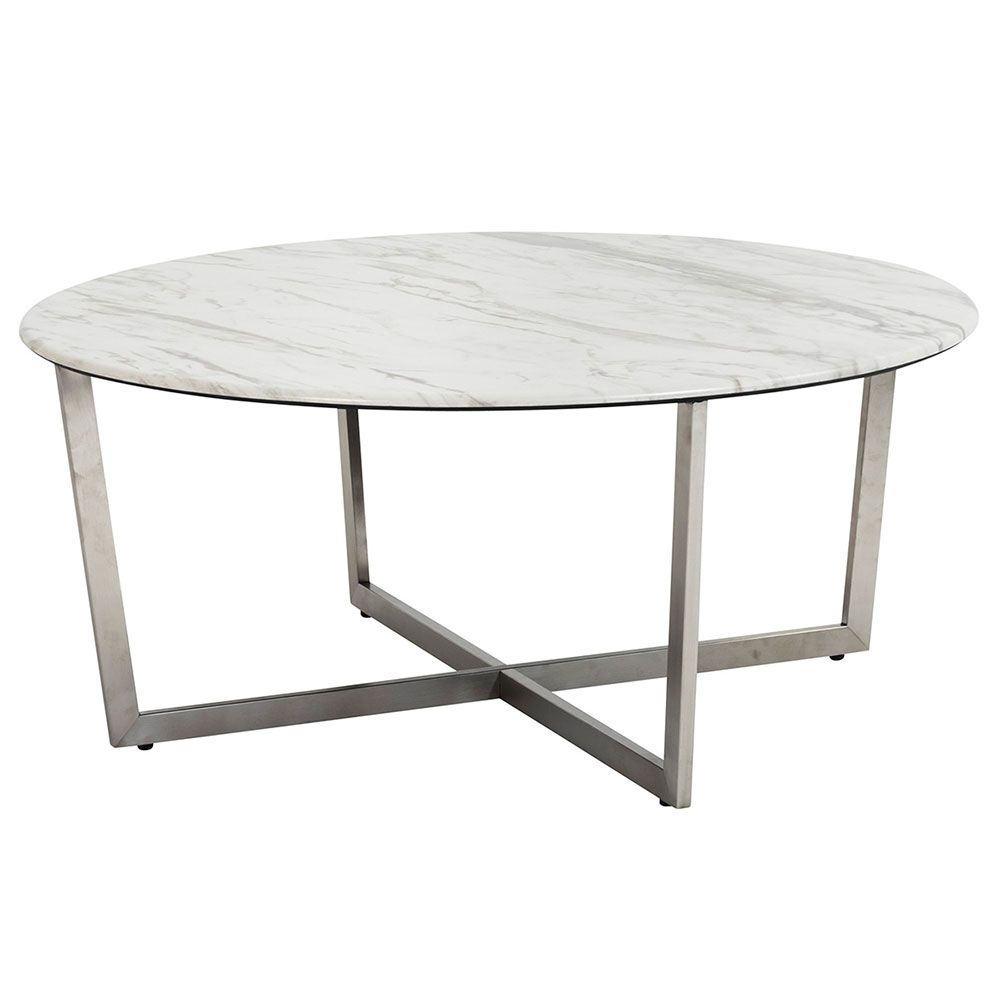 Llona White Marble Look Round Coffee Tableeuro Style | Eurway With Regard To Brushed Stainless Steel Coffee Tables (View 15 of 15)