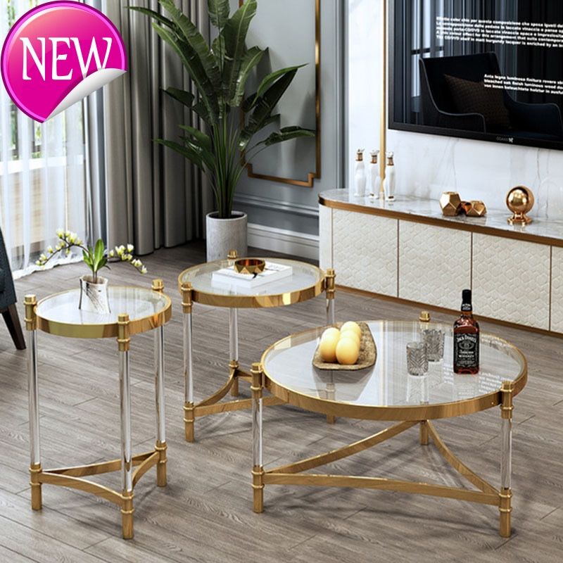 Luxury Coffee Table Side Table Set Gold Stainless Steel Transparent Acrylic  Legs Tempered Glass Table Top Living Room Furniture|coffee Tables| –  Aliexpress Within Stainless Steel And Acrylic Coffee Tables (View 3 of 15)