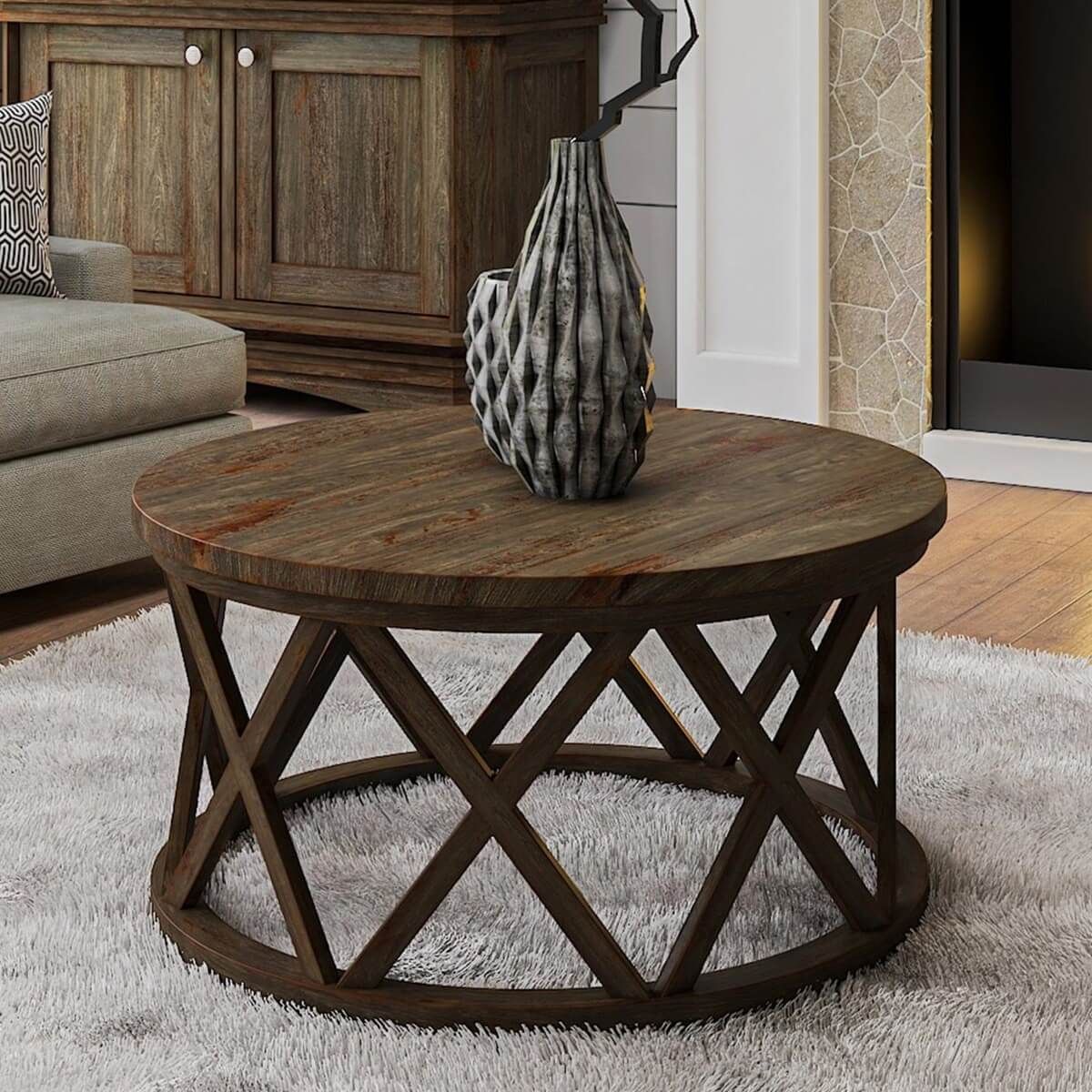 Mariefred Rustic Transitional Style Teak Wood Round Coffee Table With Regard To Rustic Round Coffee Tables (View 3 of 15)