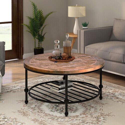Merax Rustic Natural Coffee Table With Storage Shelf Solid Wood Toptable  Brown | Ebay For Rustic Natural Coffee Tables (View 7 of 15)