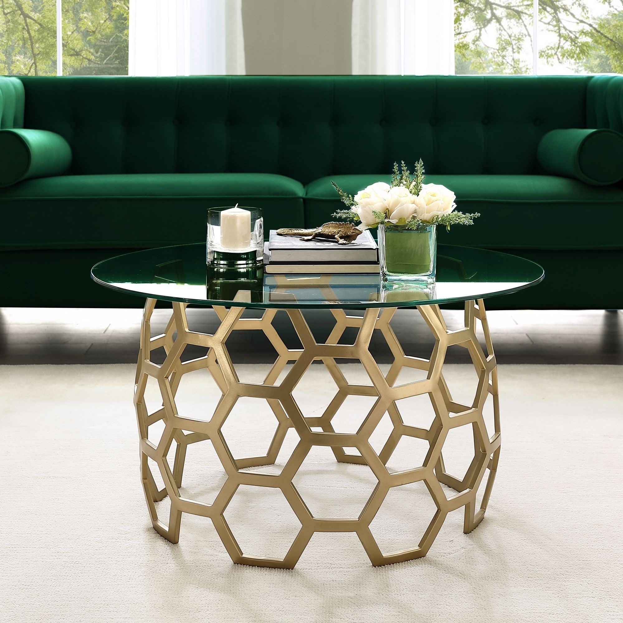 Minae Round Geometric Coffee Table Durable Clear Glass Top Hexagon Metal  Frame By Inspired Home – Walmart Pertaining To Modern Geometric Coffee Tables (View 11 of 15)
