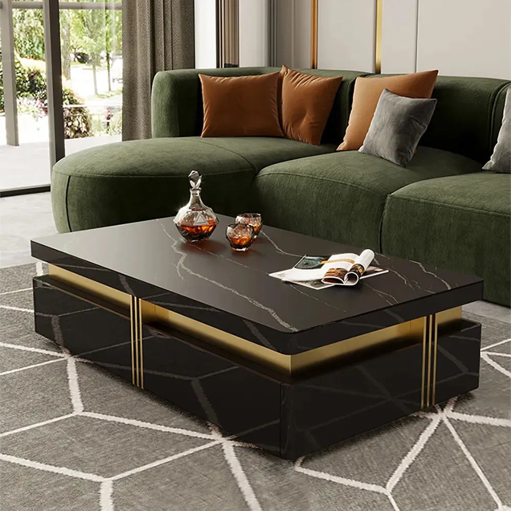 Modern Coffee Table With Storage In Black Center Table With Stainless Steel  Base Homary Pertaining To Contemporary Coffee Tables With Shelf (View 5 of 15)