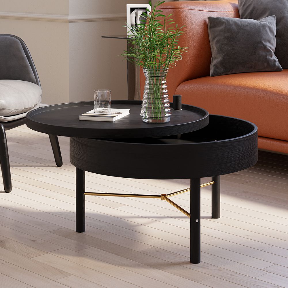 Modern Round Wood Rotating Tray Coffee Table With Storage & Metal Legs In  Black Homary Inside Rotating Wood Coffee Tables (View 8 of 15)