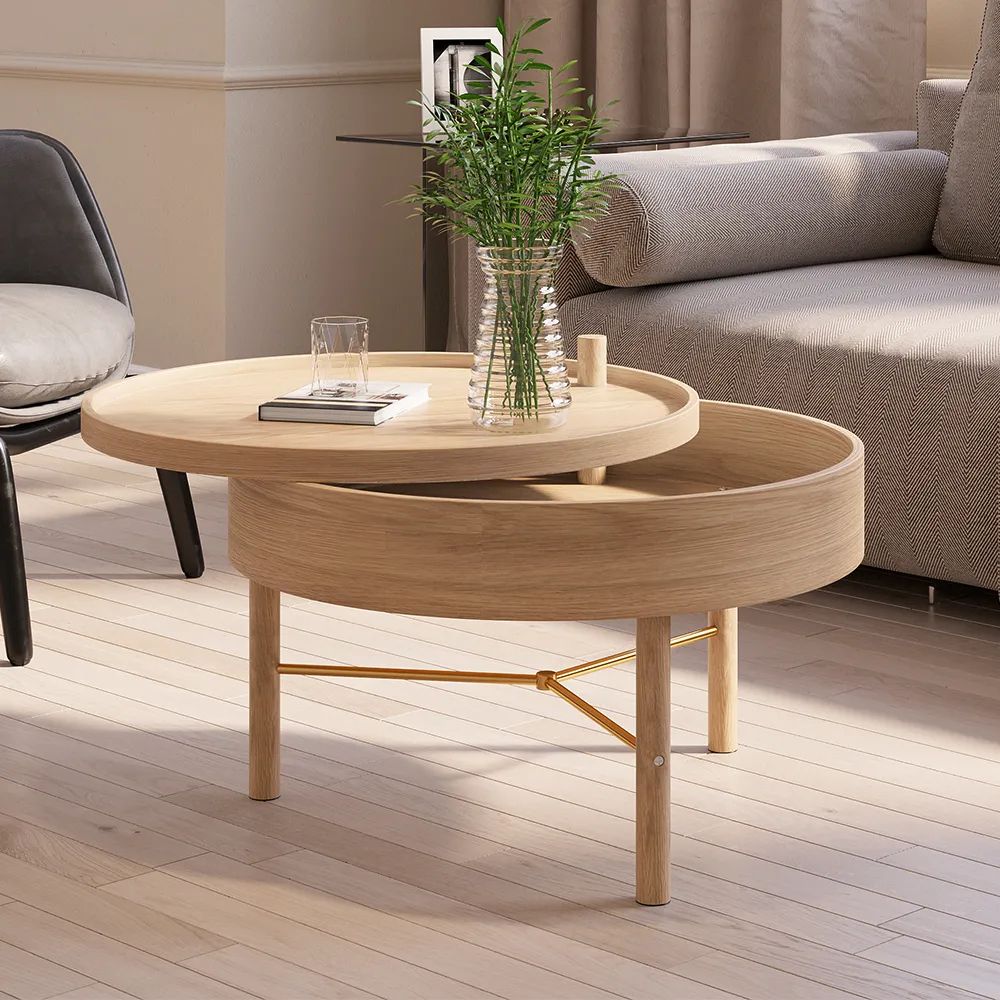 Modern Round Wood Rotating Tray Coffee Table With Storage & Metal Legs In  Natural Homary Regarding Wood Rotating Tray Coffee Tables (View 1 of 15)