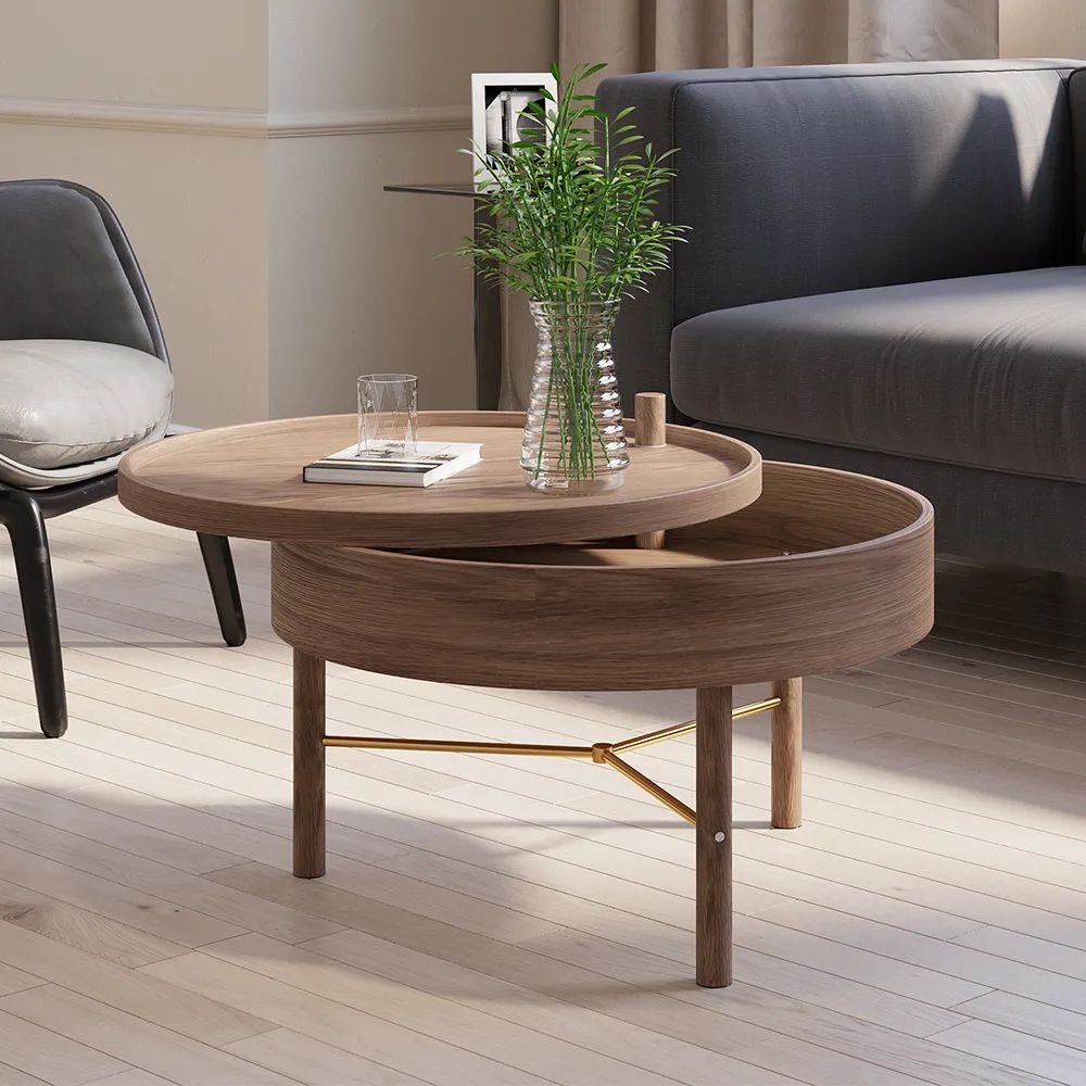 Modern Round Wood Rotating Tray Coffee Table With Storage & Metal Legs In  Walnut Homary Throughout Wood Rotating Tray Coffee Tables (View 3 of 15)