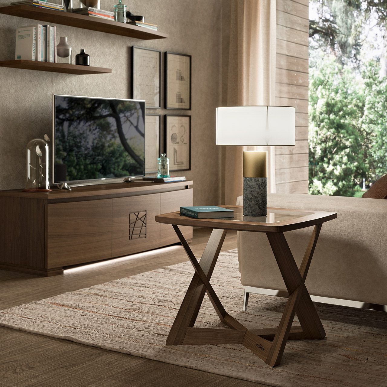 Modern Square Walnut Coffee Table With Tempered Glass Top – Mobili Piombini Inside Tempered Glass Top Coffee Tables (View 8 of 15)