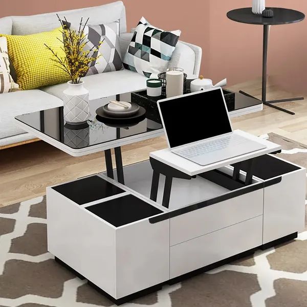 Modern White Lift Top Glass Coffee Table With Drawers & Storage  Multifunction Table Homary Regarding White Storage Coffee Tables (View 3 of 15)