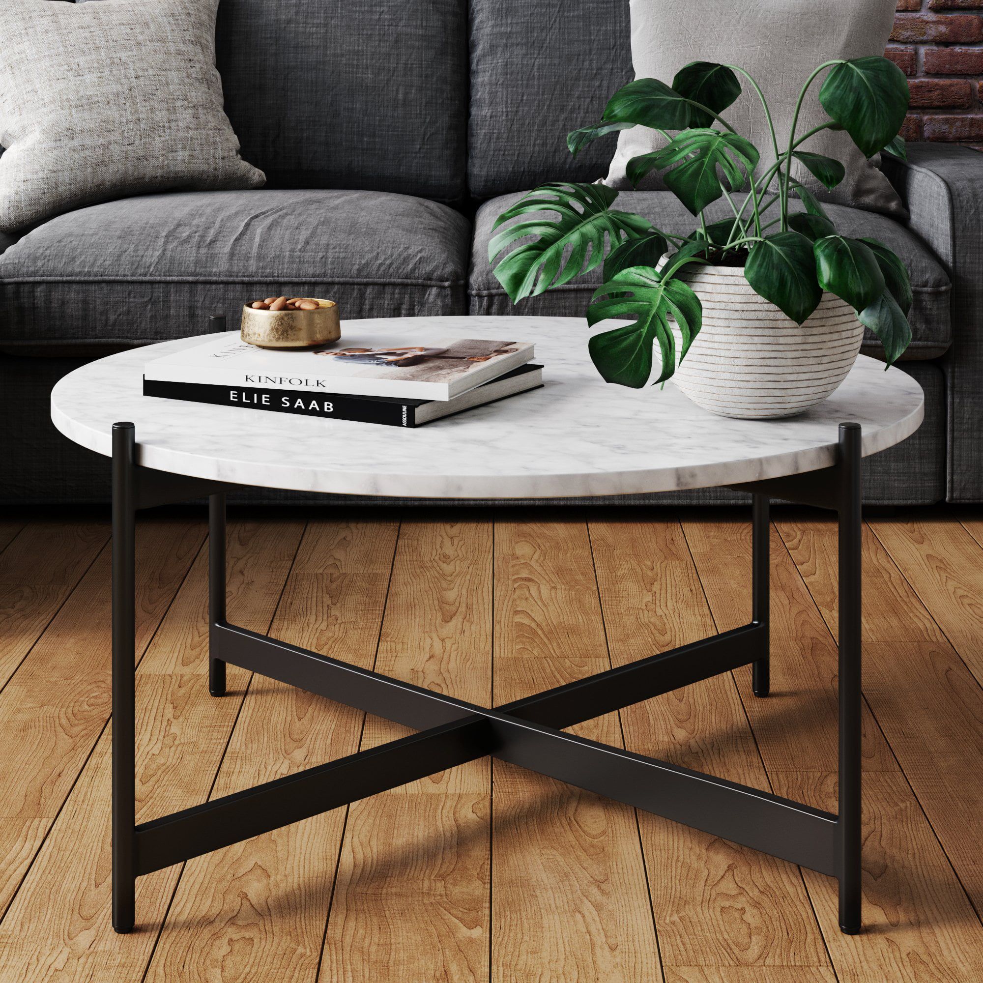 Nathan James Piper White Faux Marble Black Metal Frame Round Modern Living  Room Coffee Table – Walmart With Regard To White Faux Marble Coffee Tables (View 5 of 15)