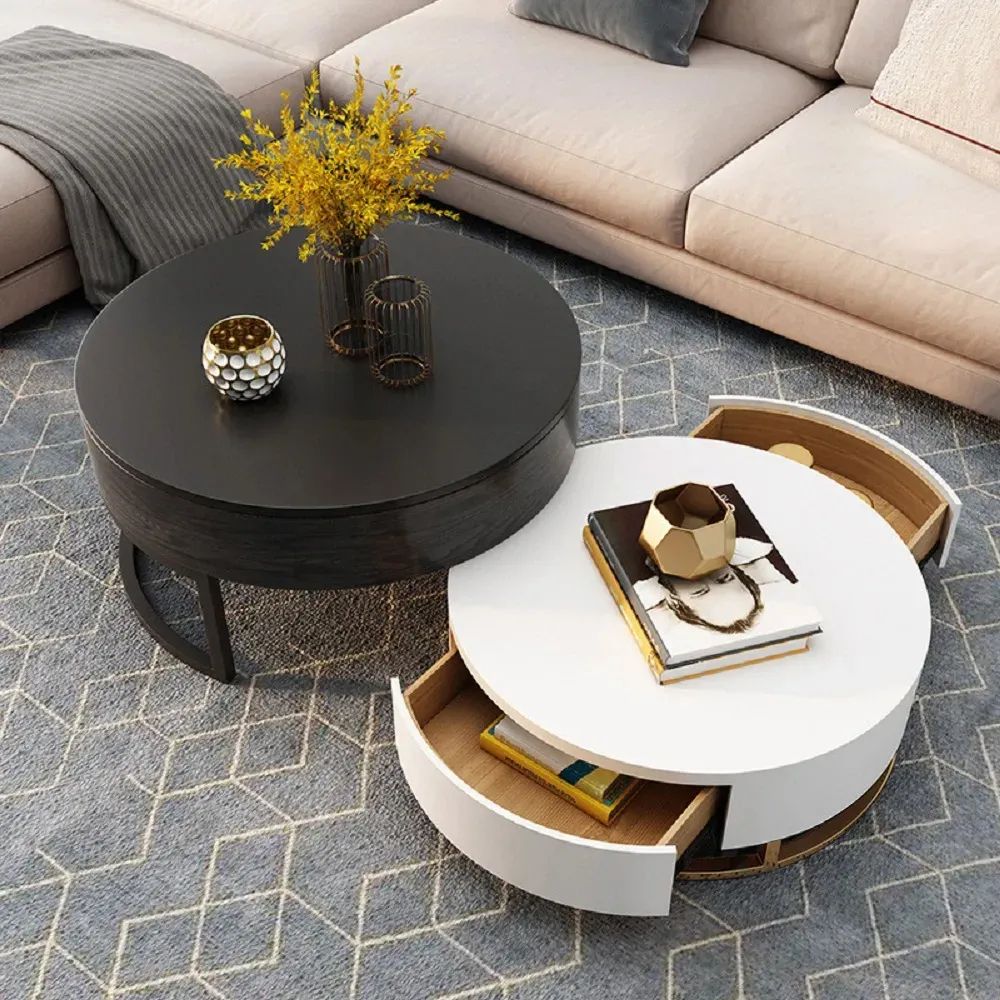 Nesnesis Modern Round Lift Top Nesting Wood Coffee Table With Drawers White  & Black Homary Pertaining To Modern Round Coffee Tables (View 11 of 15)