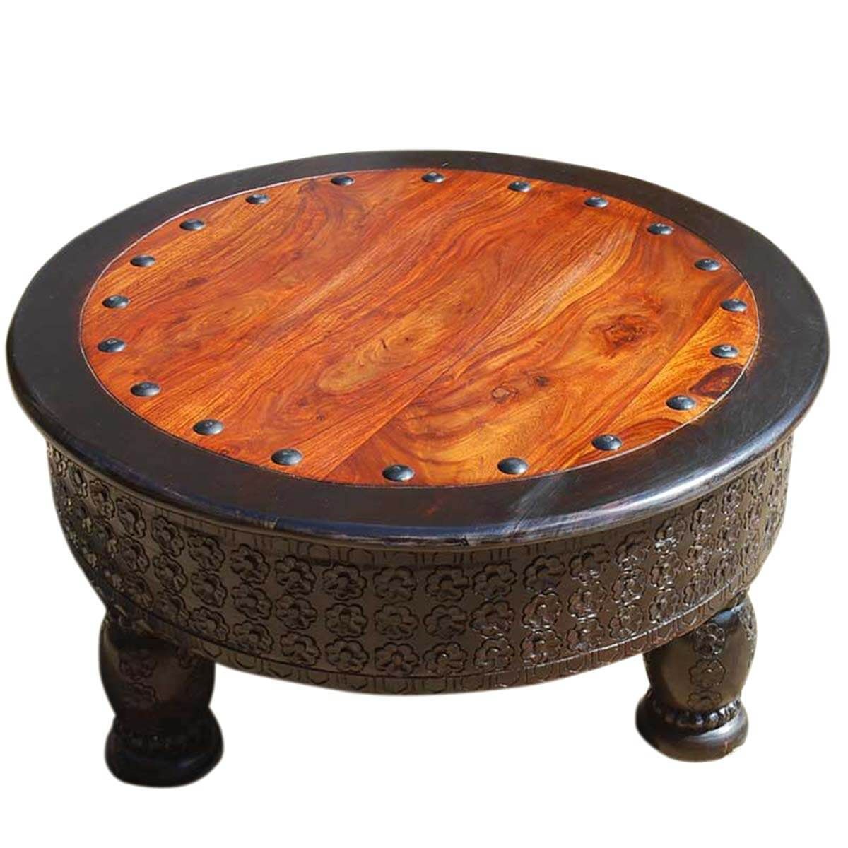 Nogales Rustic Solid Wood Hand Carved Round Coffee Table With Wooden Hand Carved Coffee Tables (View 12 of 15)