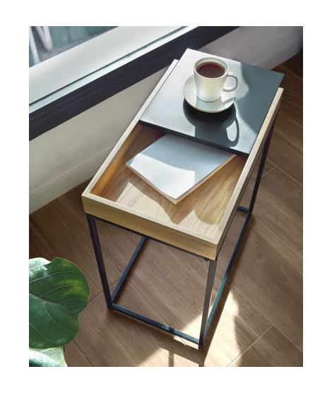 Numa Oak And Metal Little Table With Sliding Top Inside Oak Espresso Coffee Tables (View 5 of 15)