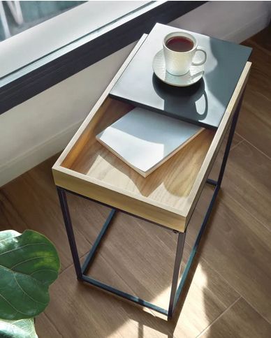 Numa Oak And Metal Little Table With Sliding Top Regarding Oak Espresso Coffee Tables (View 2 of 15)