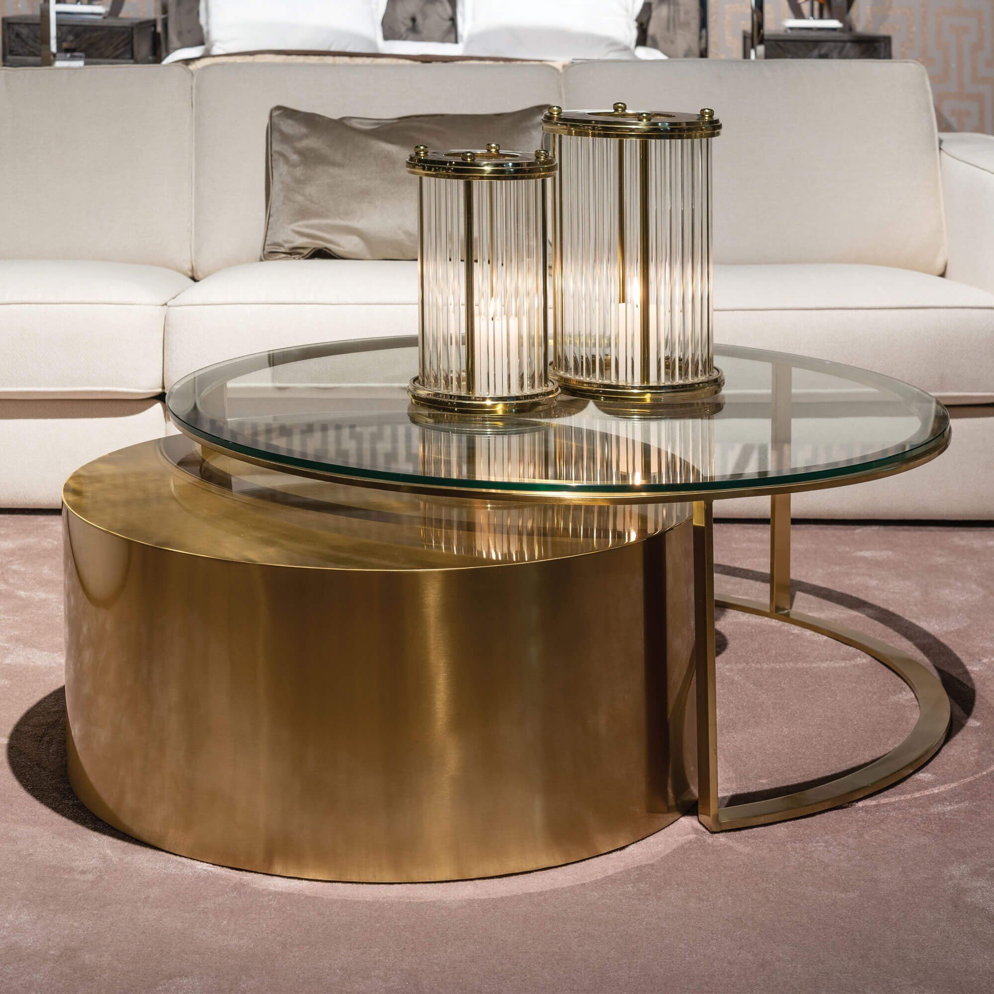 Ophelia Brushed Gold & Glass Set Of 2 Coffee Tables With Satin Gold Coffee Tables (View 1 of 15)