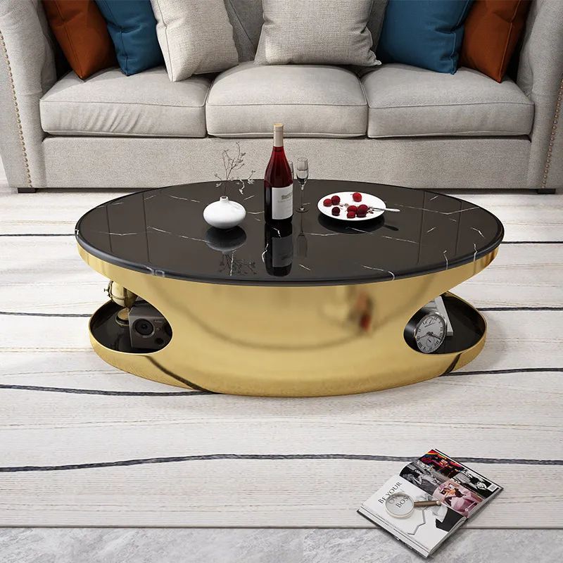 Oval Black Faux Marble Gold Coffee Table With Storage Stainless Steel  Modern Accent Table Homary With Regard To Faux Marble Gold Coffee Tables (View 8 of 15)