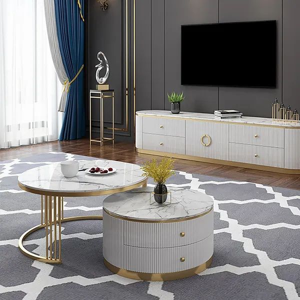 Plalue 2 Pieces White Round Nesting Wooden Coffee Table With Drawers Faux  Marble Top Homary With Faux Marble Top Coffee Tables (View 13 of 15)