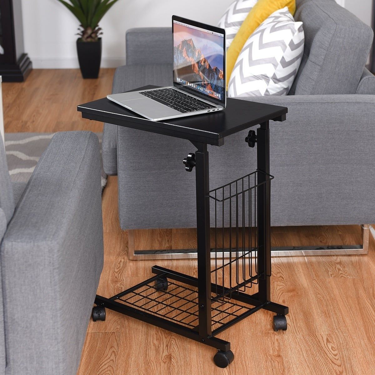 Porch & Den Mitchum Black Steel Rolling Adjustable C Shaped End Table –  Overstock – 30551746 Within Shape Adjustable Coffee Tables (View 8 of 15)