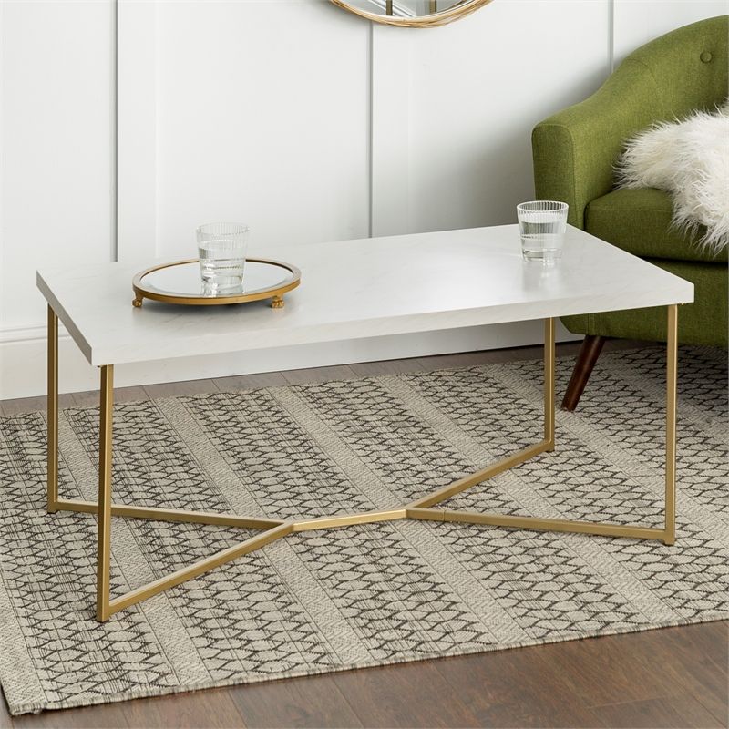 Rectangle Coffee Table With White Faux Marble Top And Gold Base |  Bushfurniturecollection Within Faux Marble Gold Coffee Tables (View 10 of 15)