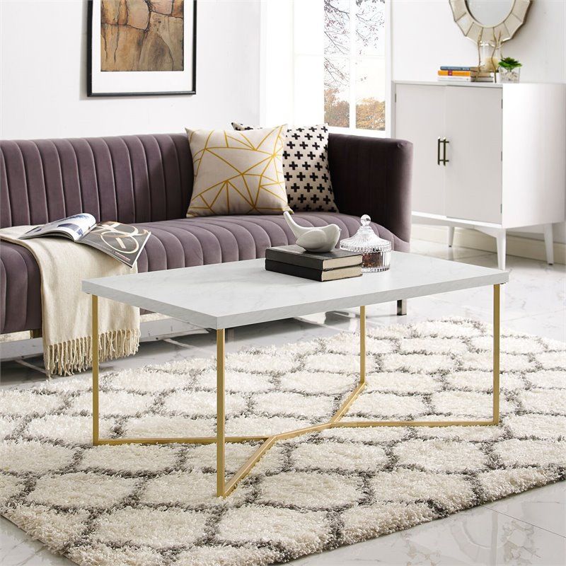 Rectangle Coffee Table With White Faux Marble Top And Gold Base |  Bushfurniturecollection Within Faux Marble Gold Coffee Tables (View 9 of 15)