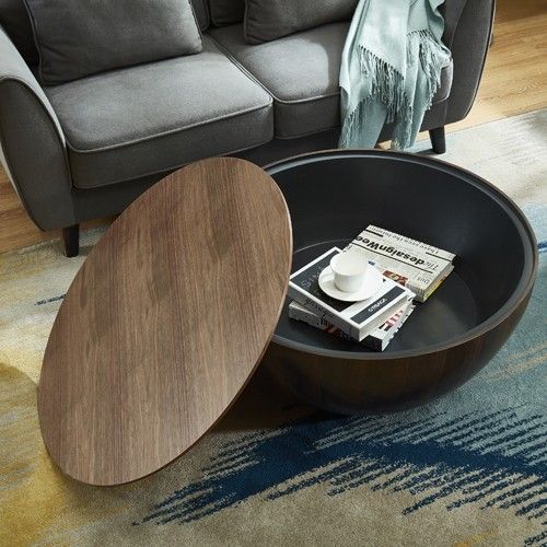 Round Drum Wood Coffee Table With Storage Walnut Bowl Shaped With Tray Style  B | Round Drum Coffee Table, Drum Coffee Table, Coffee Table With Storage Inside Drum Shaped Coffee Tables (View 11 of 15)
