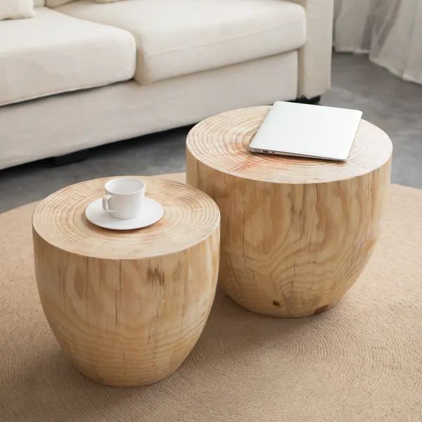 Round Natural Pine Wood Drum 2 Piece Coffee Table Set For Living Room In 2 Piece Coffee Tables (View 12 of 15)