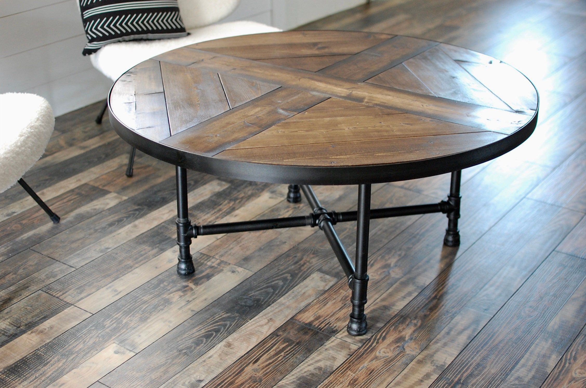 Round Wood Coffee Table With Industrial Pipe Legs Wood Coffee – Etsy Pertaining To Round Industrial Coffee Tables (View 4 of 15)