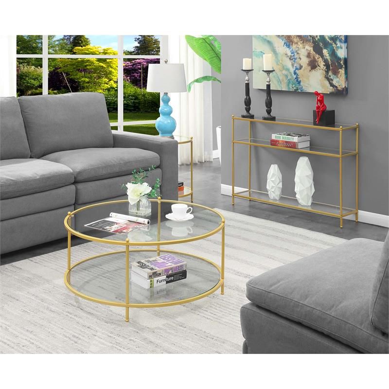 Royal Crest Two Tier Round Gold Metal Coffee Table With Clear Glass Shelves  | Bushfurniturecollection Intended For 2 Tier Metal Coffee Tables (View 3 of 15)
