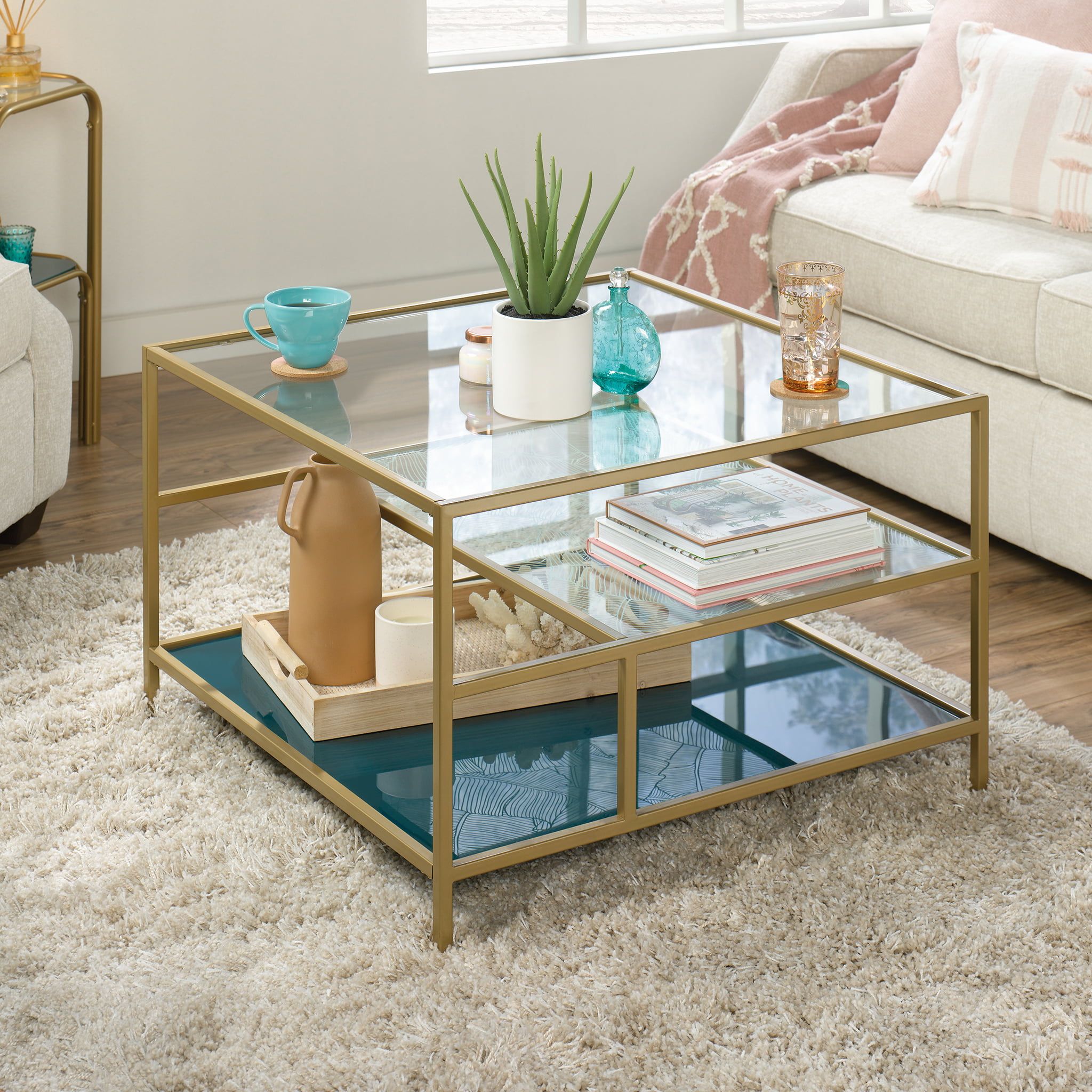 Sauder Coral Cape Square Glass Coffee Table With Shelves, Satin Gold/clear  – Walmart Regarding Satin Gold Coffee Tables (View 4 of 15)