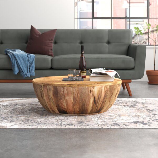 Steelside™ Cassius Solid Wood Drum Coffee Table & Reviews | Wayfair For Drum Shaped Coffee Tables (View 6 of 15)