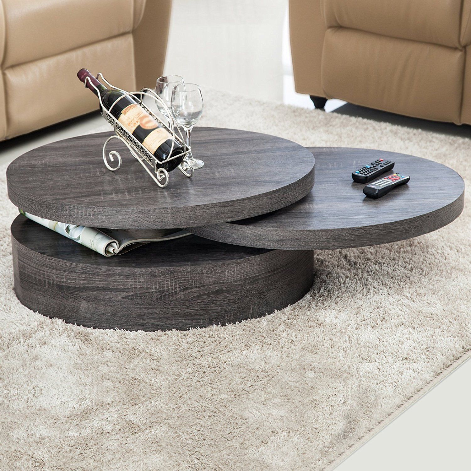 Suncoo Oak Round Rotating Wood Coffee Table With 3 Layers Home Living Room  Furniture | Coffee Table Wood, Coffee Table, Table Pertaining To Rotating Wood Coffee Tables (View 15 of 15)
