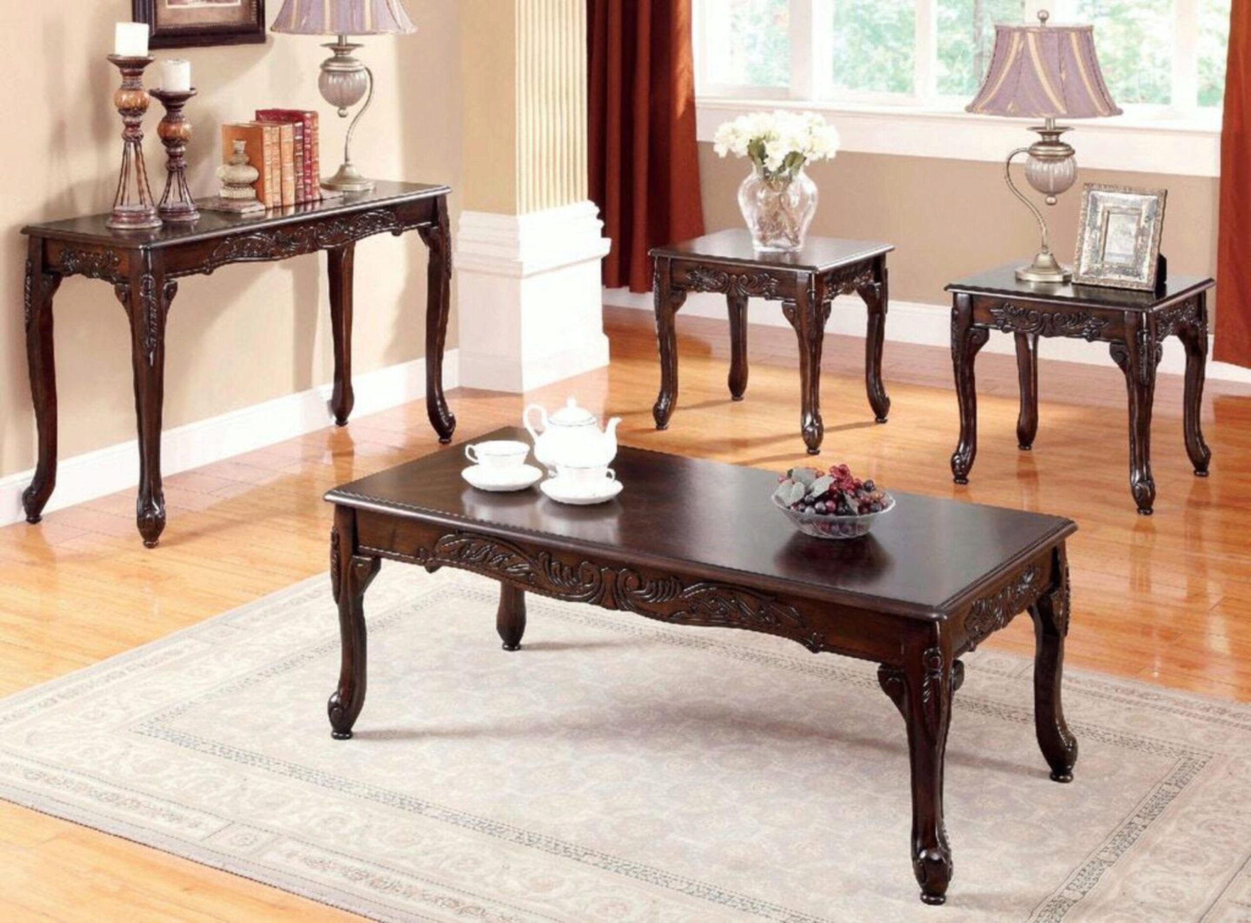 Traditional Dark Cherry Solid Wood Coffee Table Set 3pcs Furniture Of  America Cm4914 3pk Cheshire (cm4914 3pk) Inside Dark Cherry Coffee Tables (View 11 of 15)