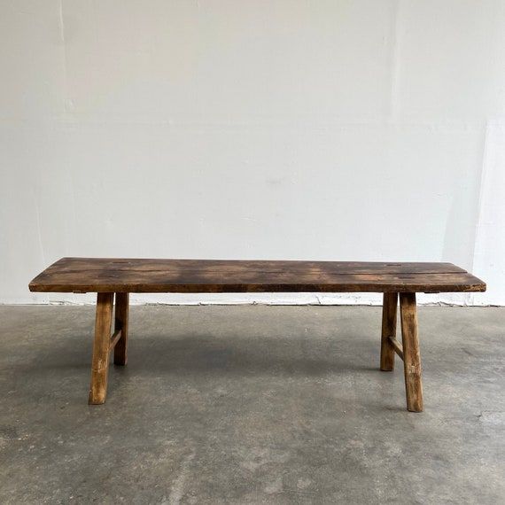 Vintage Elm Wood Coffee Table Or Wide Seat Bench – Etsy Regarding Old Elm Coffee Tables (View 7 of 15)