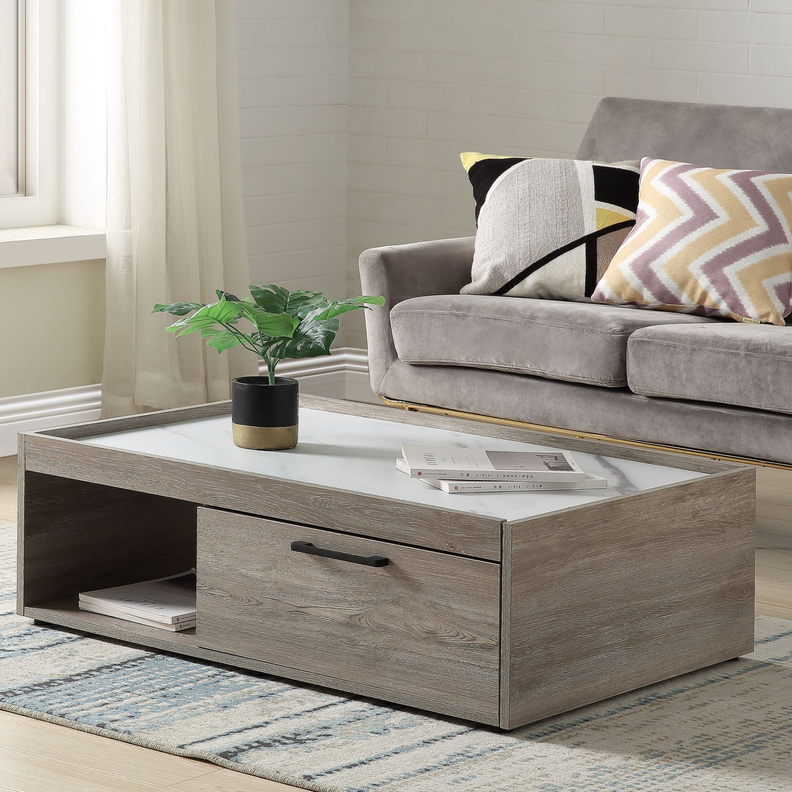 Walden Coffee Table In Faux Marble Top & Gray Oak Finish – Walmart For Marble Melamine Coffee Tables (View 13 of 15)